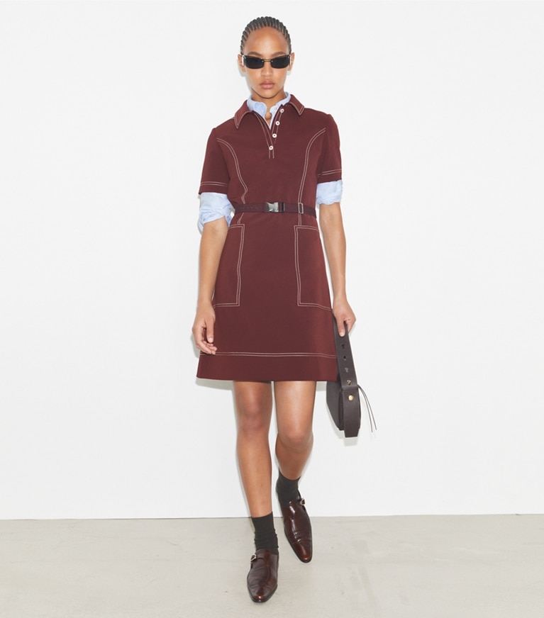 Tory Burch designer dresses Short-Sleeve Pick Stitch Golf Dress in Dark Sangria front