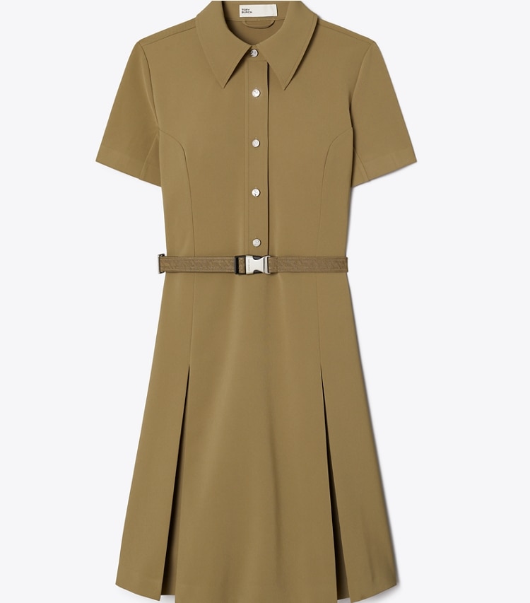 Tory Burch designer dresses Short-Sleeve Pleated Golf Dress in Olive front