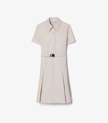 Tory Burch designer dresses Short-Sleeve Pleated Golf Dress in Stone front