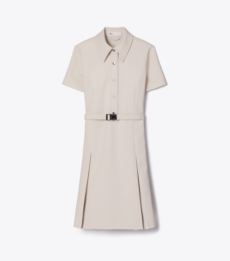 Tory Burch designer dresses Short-Sleeve Pleated Golf Dress in Stone front
