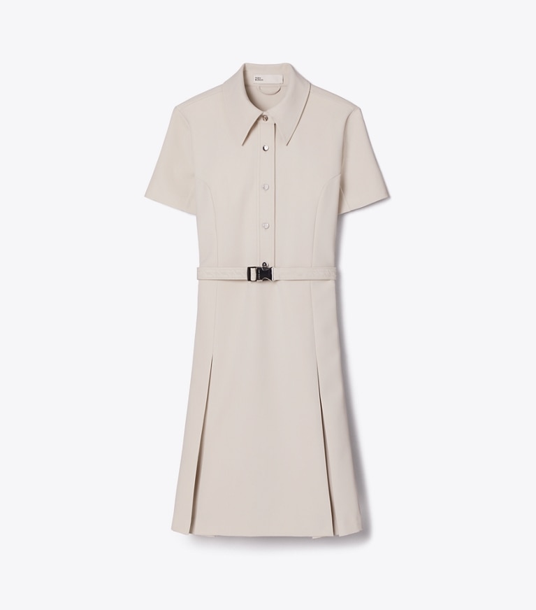 Tory Burch designer dresses Short-Sleeve Pleated Golf Dress in Stone front