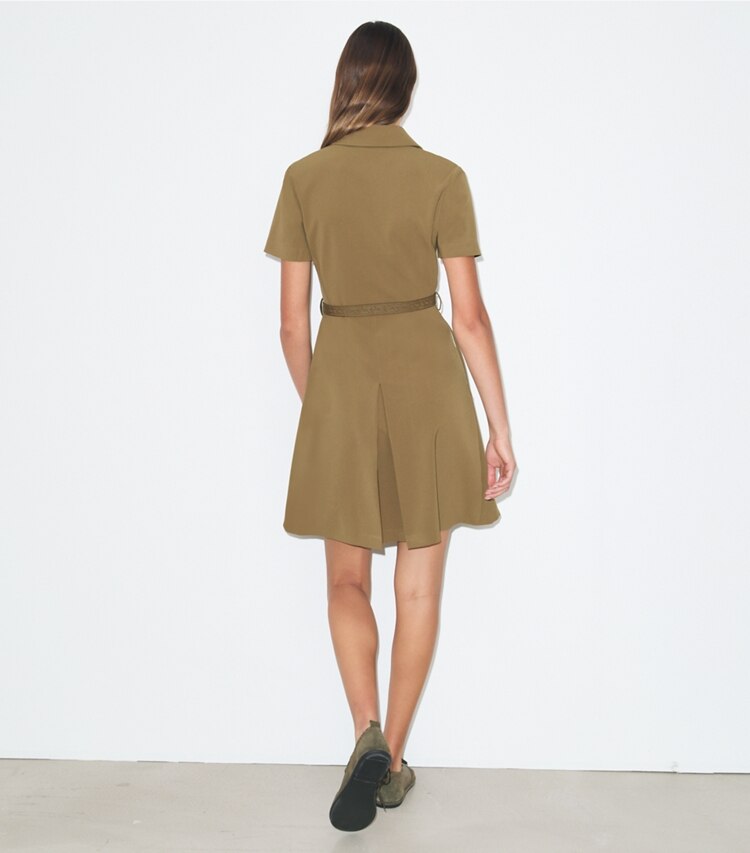 Tory Burch designer dresses Short-Sleeve Pleated Golf Dress in Olive on model back
