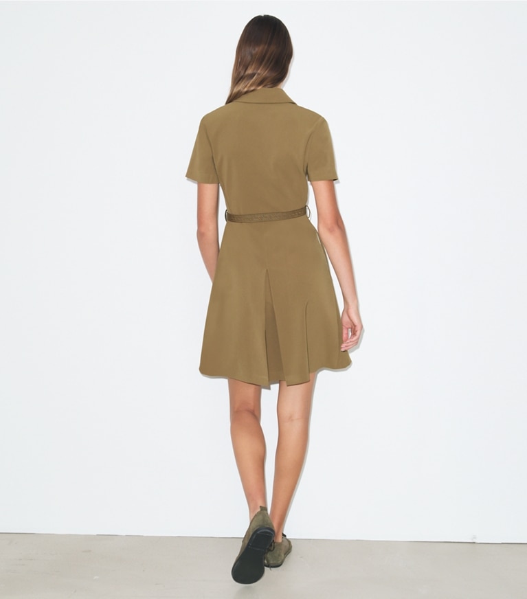 Tory Burch designer dresses Short-Sleeve Pleated Golf Dress in Olive on model back