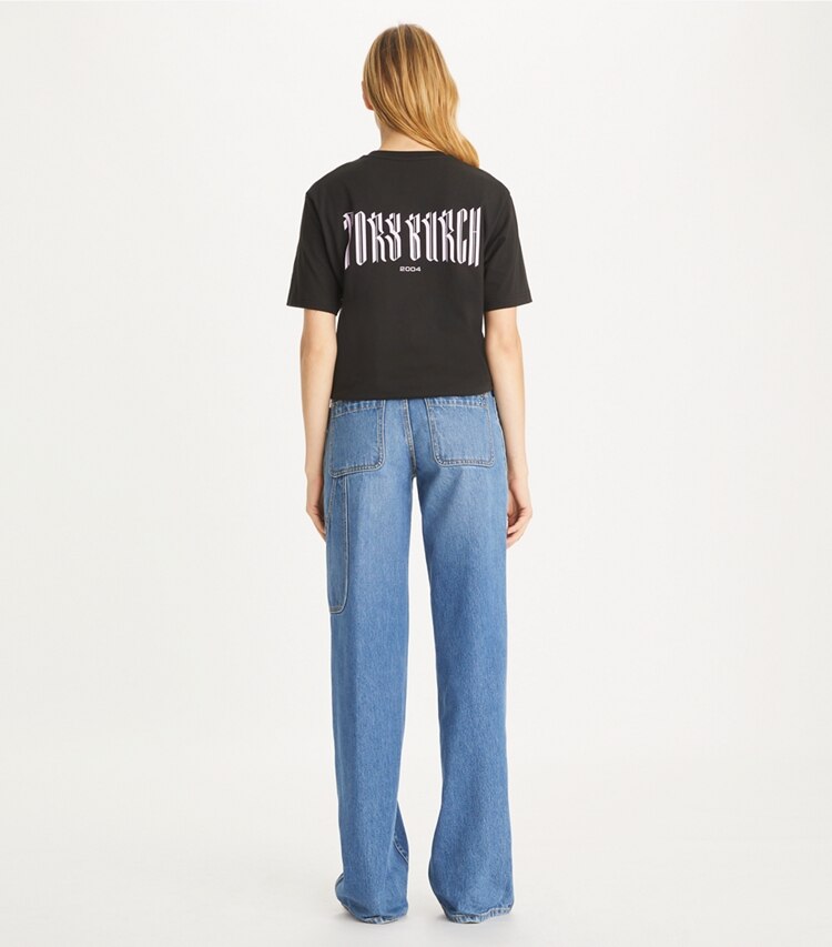 Tory Burch designer トップス ショートスリーブ Tシャツ in Black International NY SS Pink Cat on model back