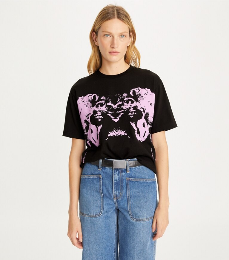 Tory Burch designer トップス ショートスリーブ Tシャツ in Black International NY SS Pink Cat front