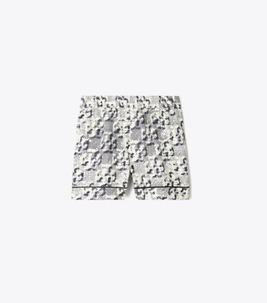 Tory Burch designer copricostume Shorts Camp in seta in New Ivory Distressed Pixelated Logo front