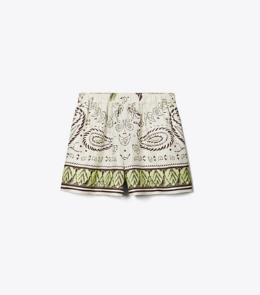 Tory Burch designer copricostume Shorts Camp in seta in Mint Cockatoo front