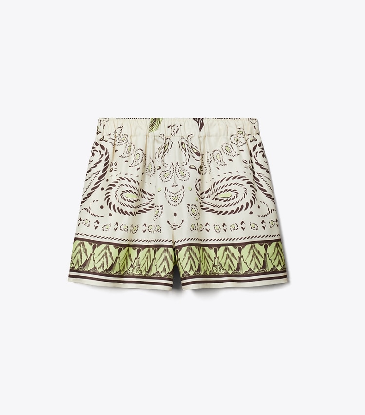 Tory Burch designer copricostume Shorts Camp in seta in Mint Cockatoo front