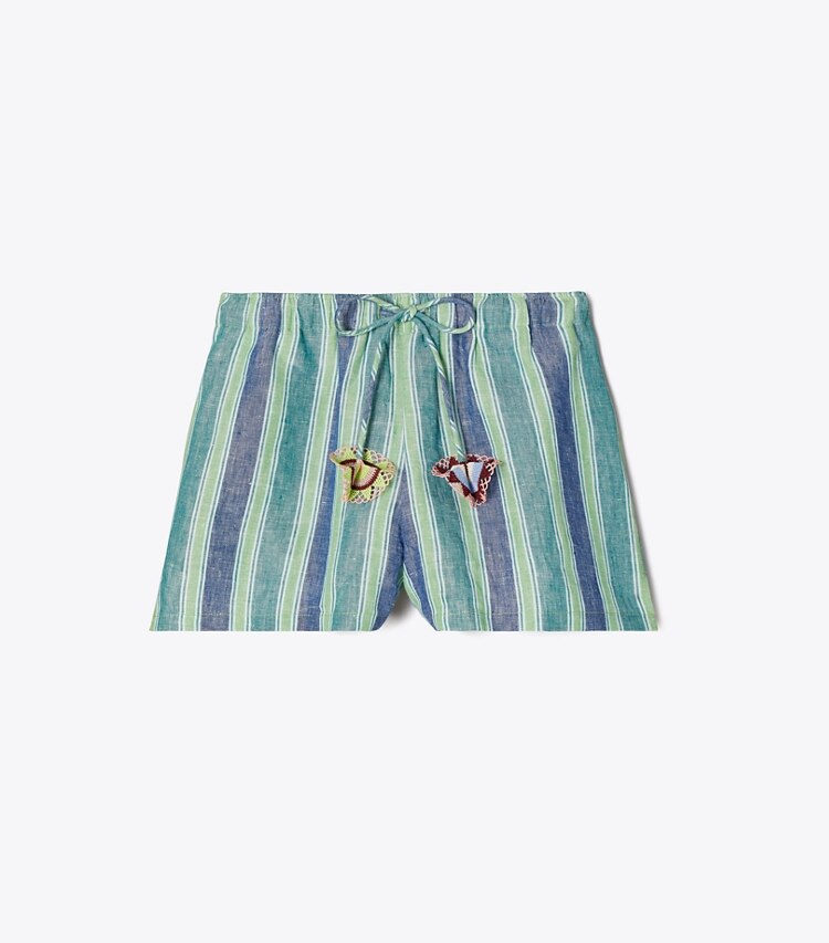 Tory Burch diseñador ropa de playa Shorts de lino a rayas en Blue / Green Summer Stripe frente