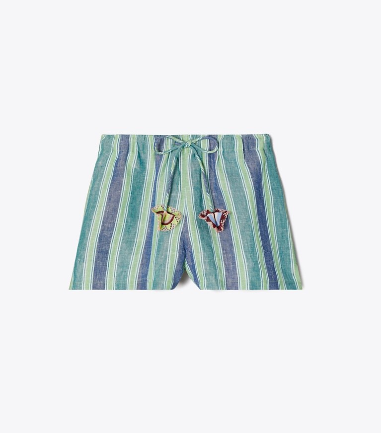 Tory Burch diseñador ropa de playa Shorts de lino a rayas en Blue / Green Summer Stripe frente