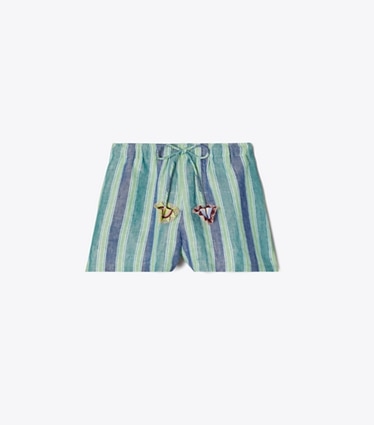 Tory Burch designer copricostume Shorts in lino a righe in Blue / Green Summer Stripe front