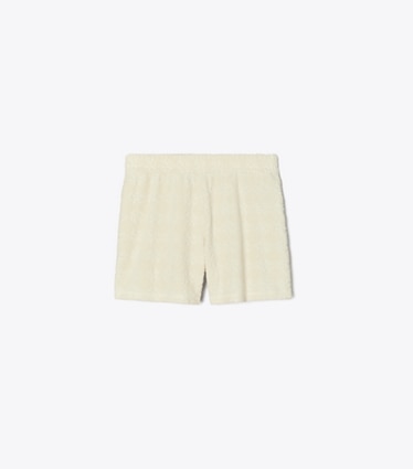 Tory Burch designer copricostume Shorts in spugna jacquard con logo in NEW IVORY front