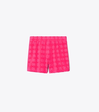 Tory Burch designer copricostume Shorts in spugna jacquard con logo in Bold Pink front