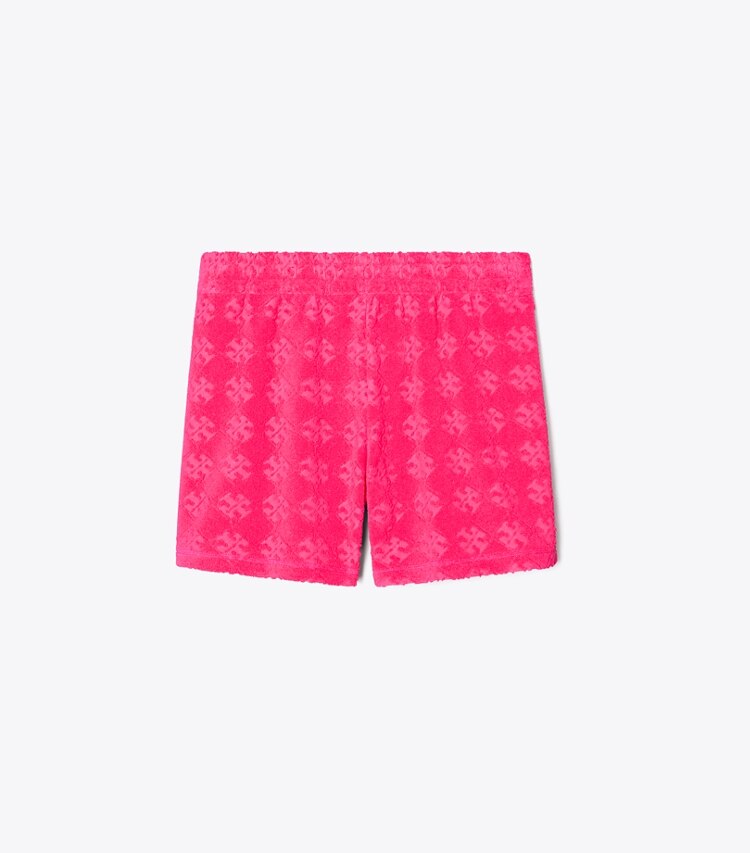Tory Burch designer copricostume Shorts in spugna jacquard con logo in Bold Pink front