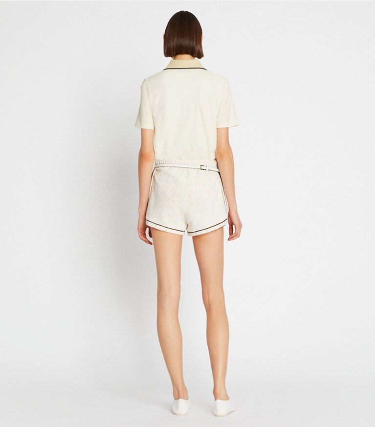 Tory Burch designer copricostume Shorts in spugna jacquard in French Cream on model back