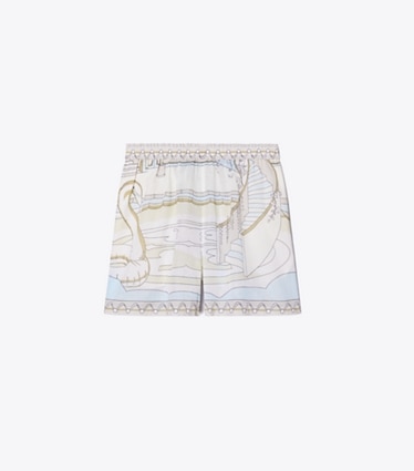 Tory Burch diseñador ropa de playa Shorts tipo camp estampados en The Pool Beige frente
