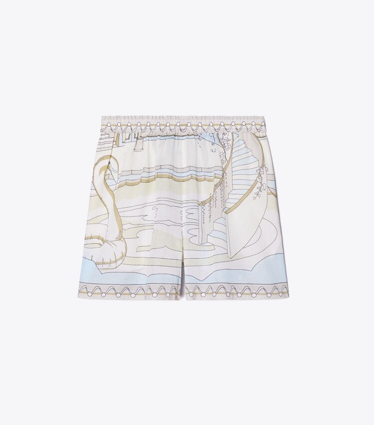 Tory Burch diseñador ropa de playa Shorts tipo camp estampados en The Pool Beige frente