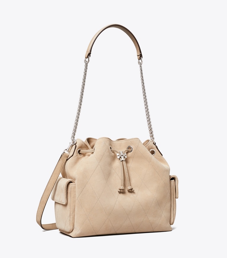 Tory Burch designer borse a tracolla Shoulder bag Charlie con coulisse in suede matelassé in Gray angle