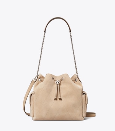 Tory Burch designer borse a tracolla Shoulder bag Charlie con coulisse in suede matelassé in Gray front