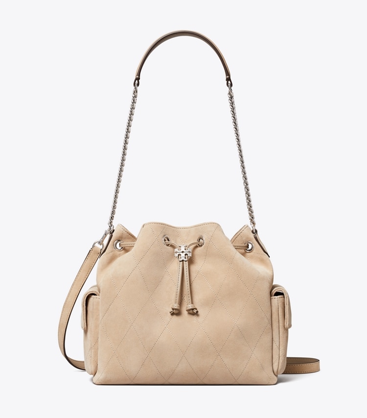 Tory Burch designer borse a tracolla Shoulder bag Charlie con coulisse in suede matelassé in Gray front