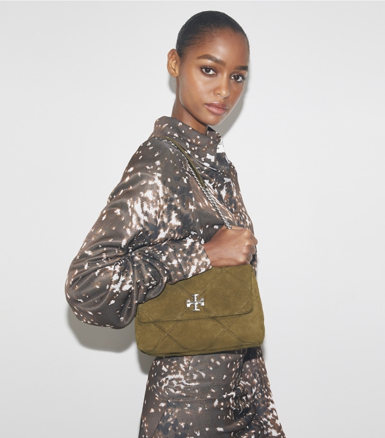 Tory Burch designer borse a tracolla Shoulder bag Kira in suede con trapuntatura a diamante in Deep Olive angle