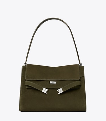 Tory Burch designer borse a tracolla Shoulder bag Lee Radziwill grande in suede in Dark Olive front