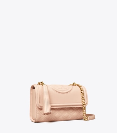 Tory Burch designer borse a tracolla Shoulder bag piccola convertibile Fleming in pelle pieno fiore lucida in Pink Dawn angle