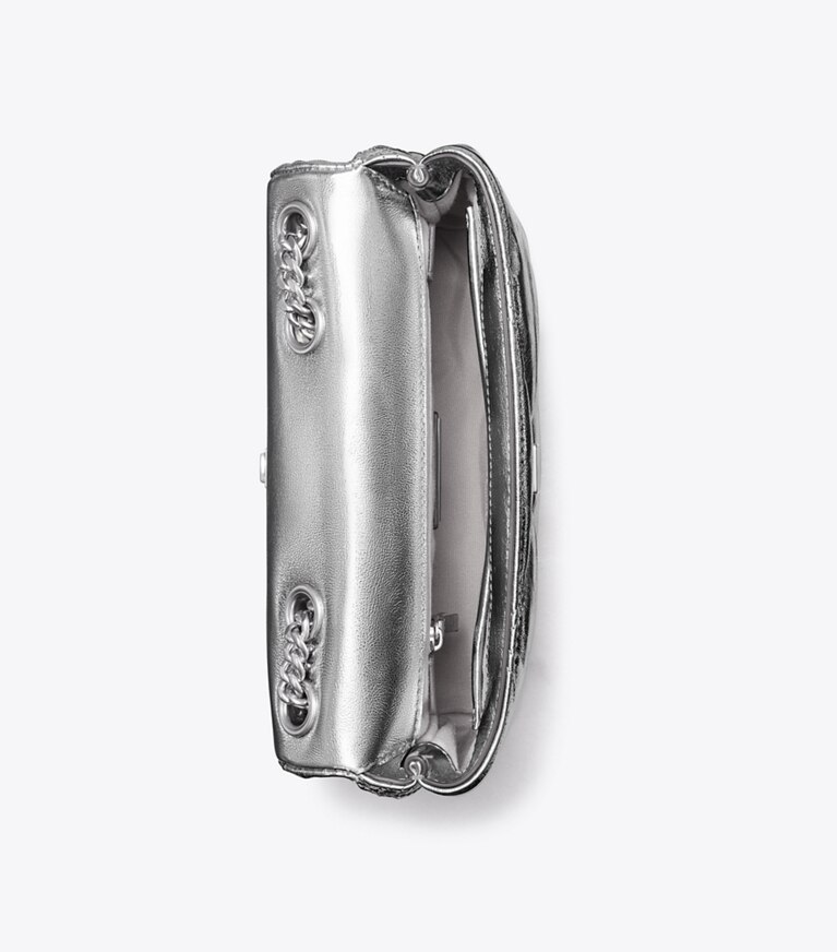 Tory Burch designer borse a tracolla Shoulder bag piccola convertibile Kira metallizzata con trapuntatura a diamante in Silver angle