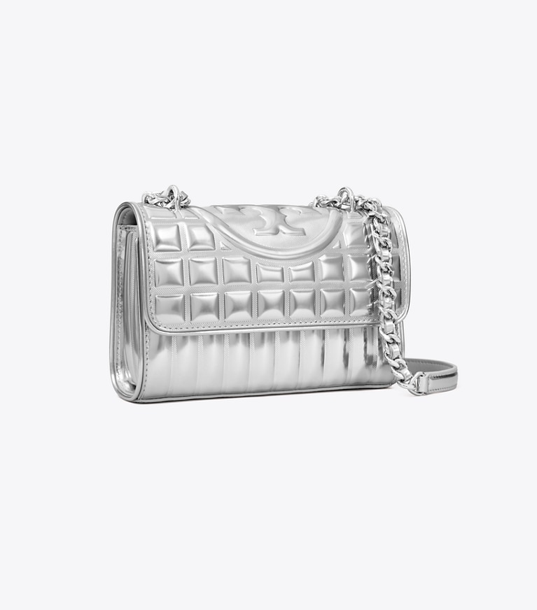Tory Burch designer borse a tracolla Shoulder bag piccola Fleming convertibile metallizzata matelassé in Silver angle