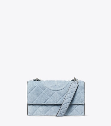 Tory Burch designer borse a tracolla Shoulder bag piccola Fleming in suede con stampa denim in Medium Wash Denim front