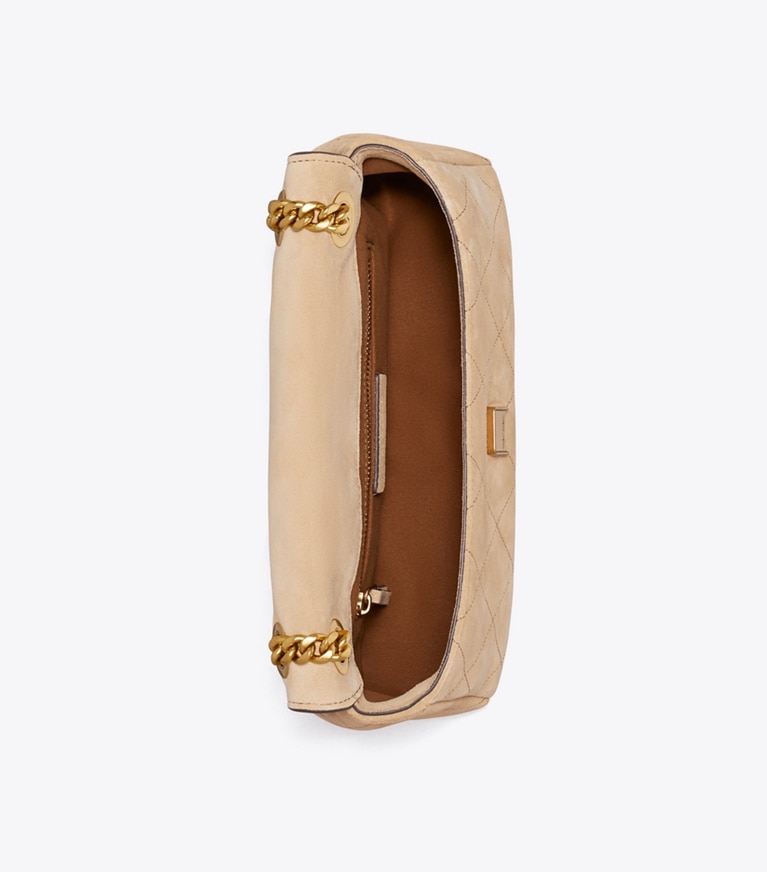 Tory Burch designer borse a tracolla Shoulder bag piccola in suede matelassé Charlie in Stone superiore