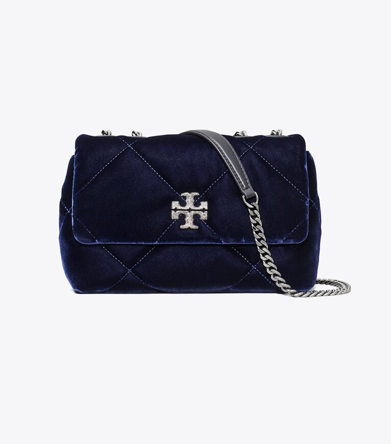 Tory Burch designer borse a tracolla Shoulder bag piccola Kira con trapuntatura a diamante in velluto e pavé in PERFECT NAVY front