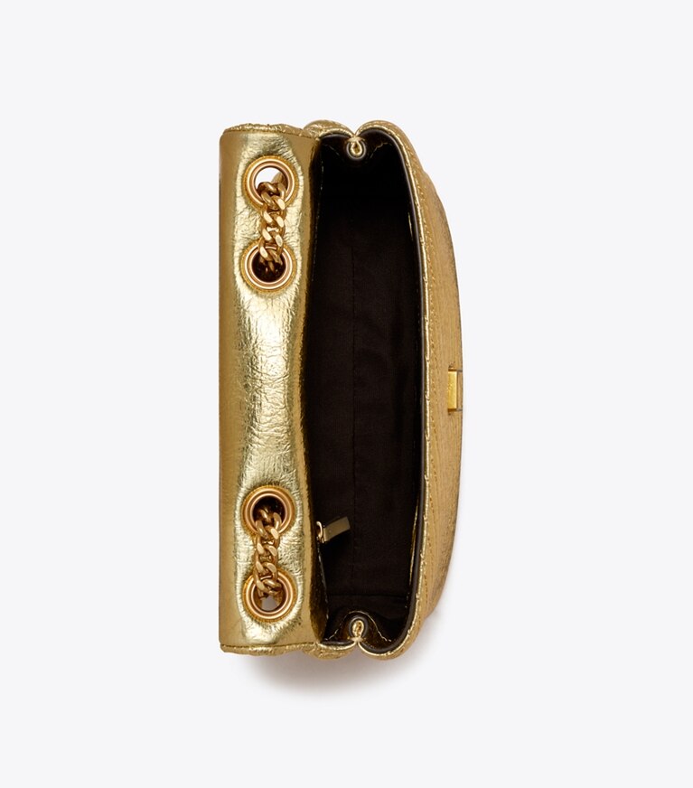 Tory Burch designer borse a tracolla Shoulder Bag piccola Kira Moto convertibile metallizzata matelassé in Gold angle