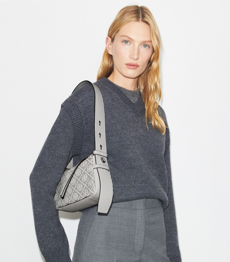 Tory Burch designer borse a tracolla Shoulder bag piccola Romy T Monogram in Gray angle
