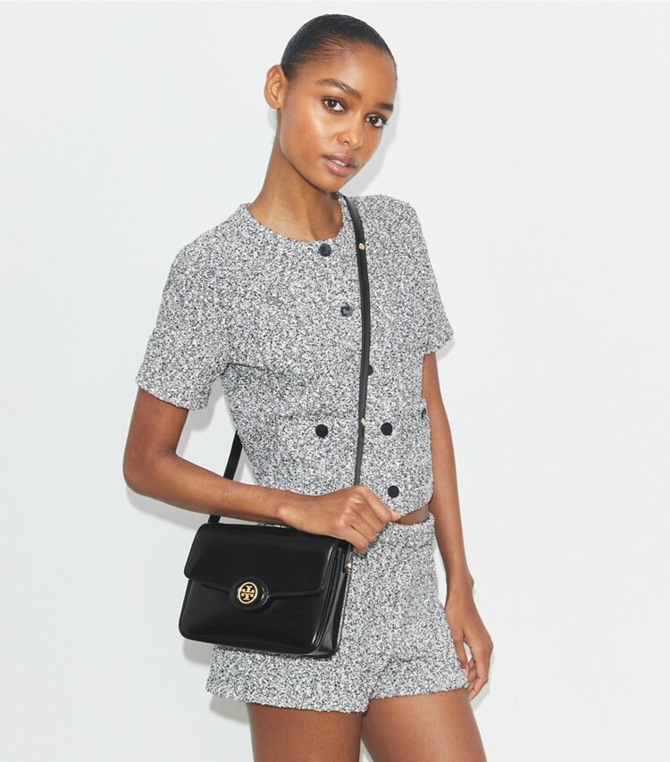Tory Burch designer borse a tracolla Shoulder Bag Robinson convertibile in vernice spazzolata in Black additional on model