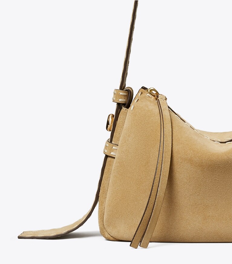 Tory Burch designer borse a tracolla Shoulder bag Romy piccola in suede con impuntura a vista in Butter dettaglio