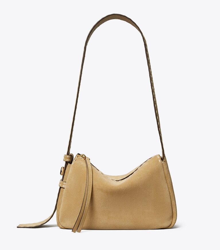 Tory Burch designer borse a tracolla Shoulder bag Romy piccola in suede con impuntura a vista in Butter front