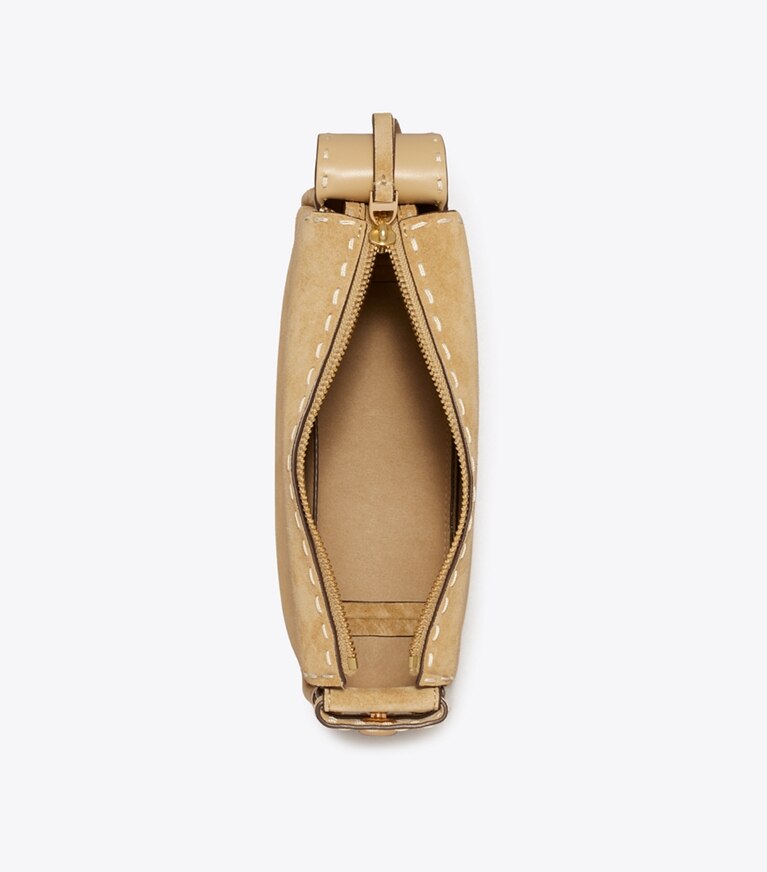 Tory Burch designer borse a tracolla Shoulder bag Romy piccola in suede con impuntura a vista in Butter superiore