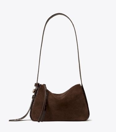 Tory Burch designer borse a tracolla Shoulder bag Romy piccola in suede in DARK COCOA front
