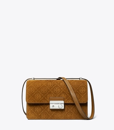 Tory Burch designer borse a tracolla Shoulder bag T Monogram in suede in CHICORY BROWN front