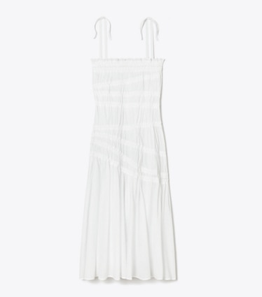 Tory Burch designer dresses Shoulder Tie Smocked Cotton Dress in White front