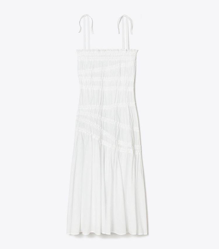 Tory Burch designer coverups Shoulder Tie Smocked Cotton Dress in White front