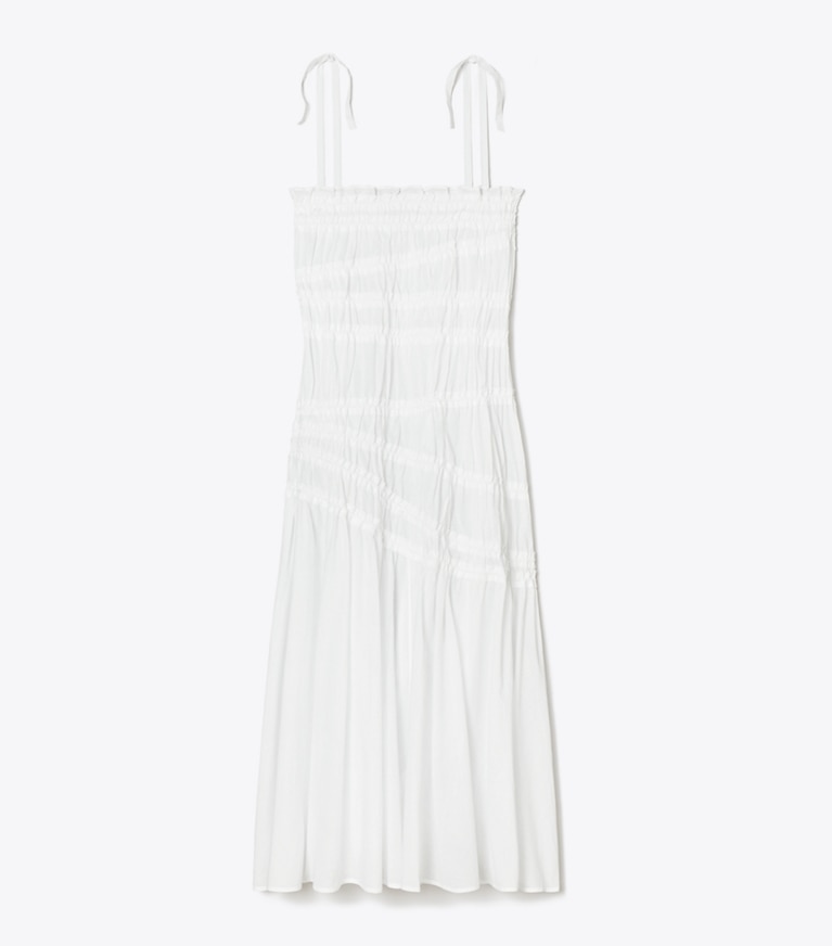 Tory Burch designer coverups Shoulder Tie Smocked Cotton Dress in White front