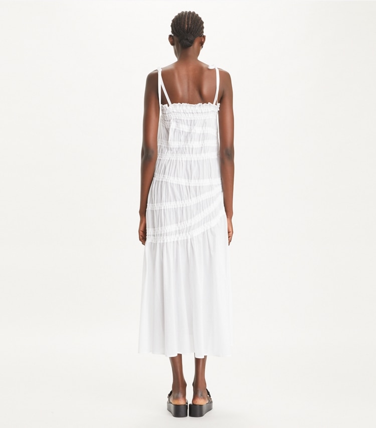 Tory Burch designer coverups Shoulder Tie Smocked Cotton Dress in White on model back