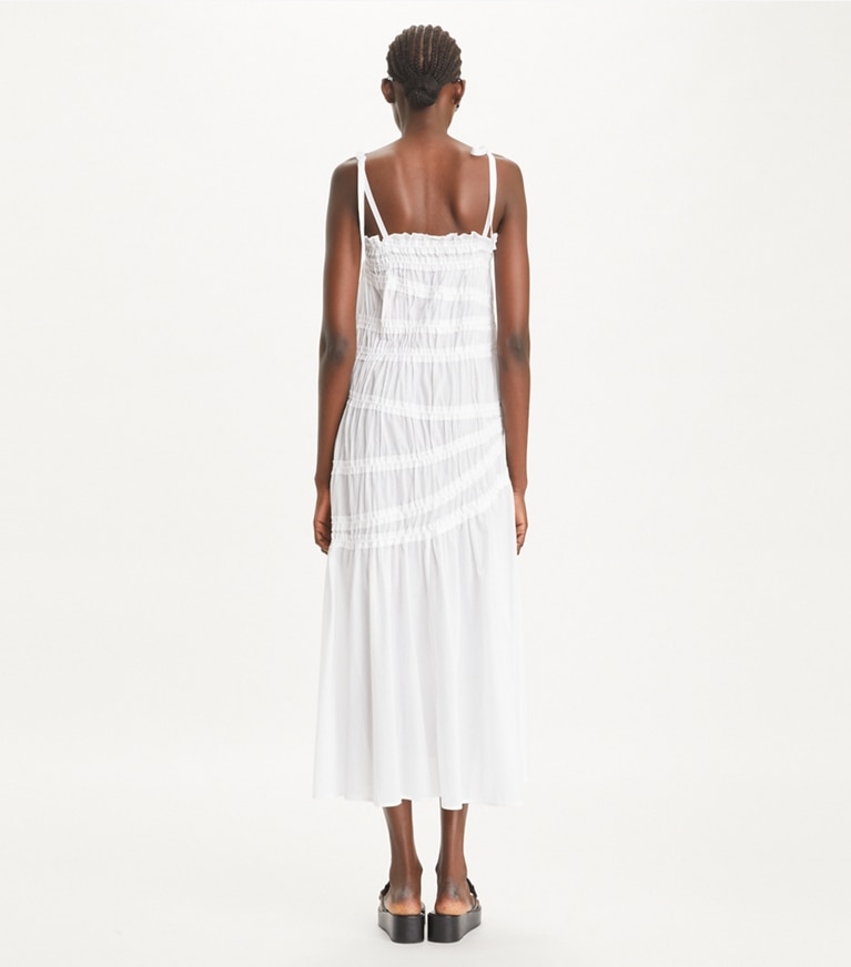 Tory Burch designer coverups Shoulder Tie Smocked Cotton Dress in White front