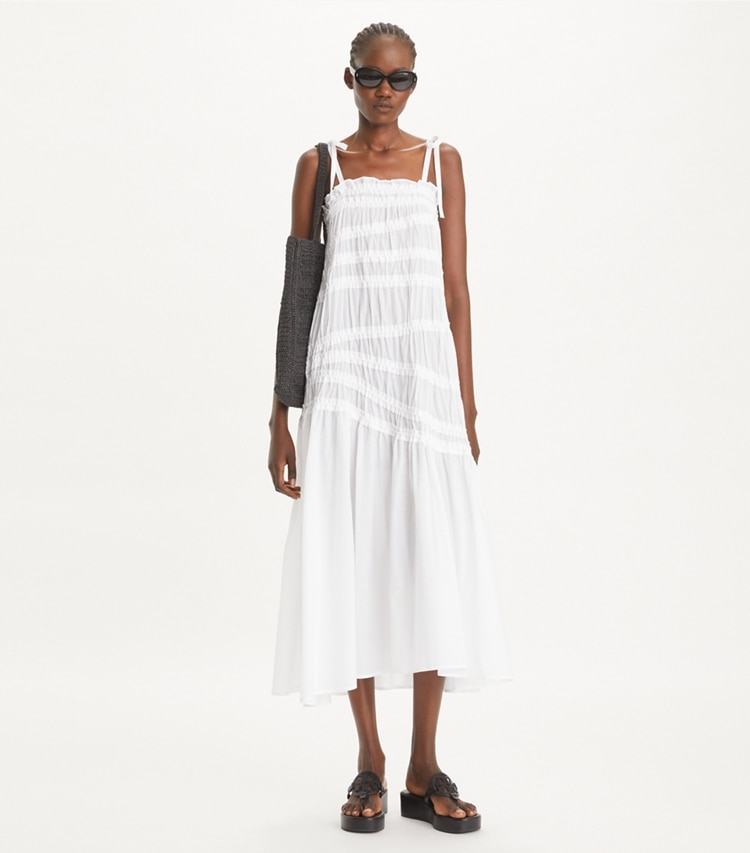Tory Burch designer coverups Shoulder Tie Smocked Cotton Dress in White on model front