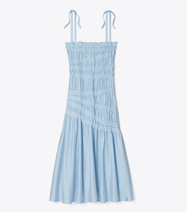 Tory Burch designer coverups Shoulder Tie Smocked Viscose Dress in Light Blue Sky front