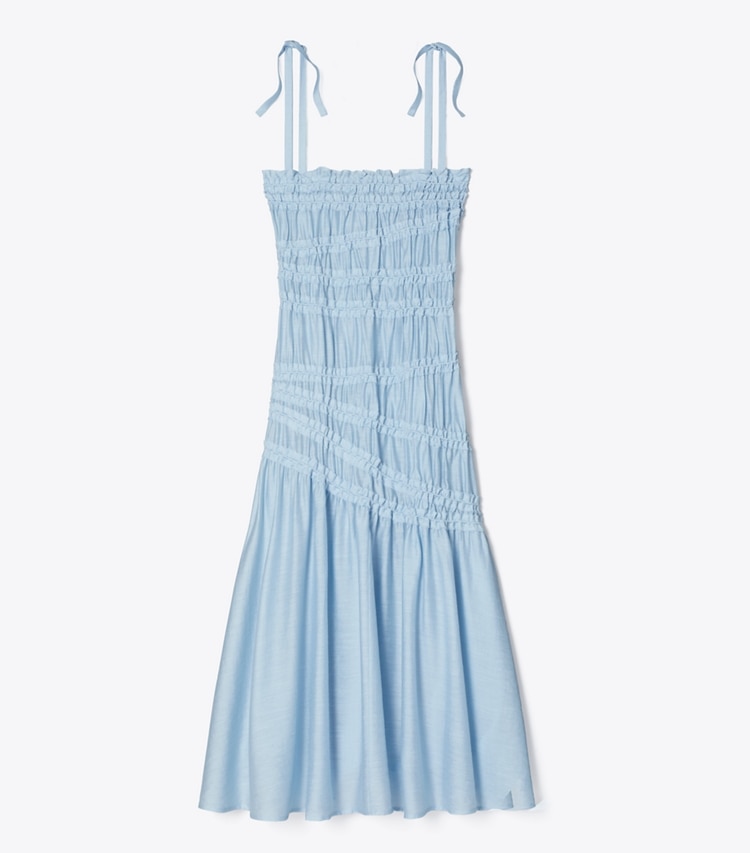 Tory Burch designer coverups Shoulder Tie Smocked Viscose Dress in Light Blue Sky front