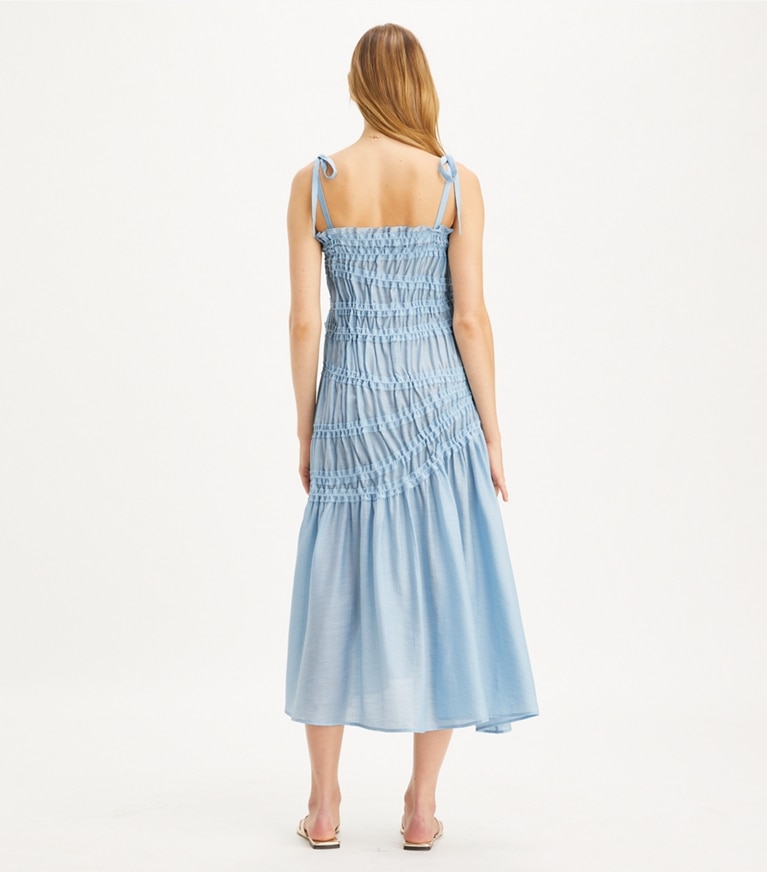 Tory Burch designer coverups Shoulder Tie Smocked Viscose Dress in Light Blue Sky front
