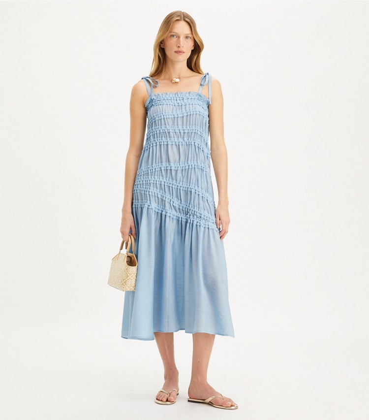 Tory Burch designer coverups Shoulder Tie Smocked Viscose Dress in Light Blue Sky on model front
